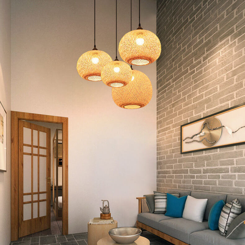 Beige Bamboo Round Ball Pendant Light for Japanese-Style Interiors
