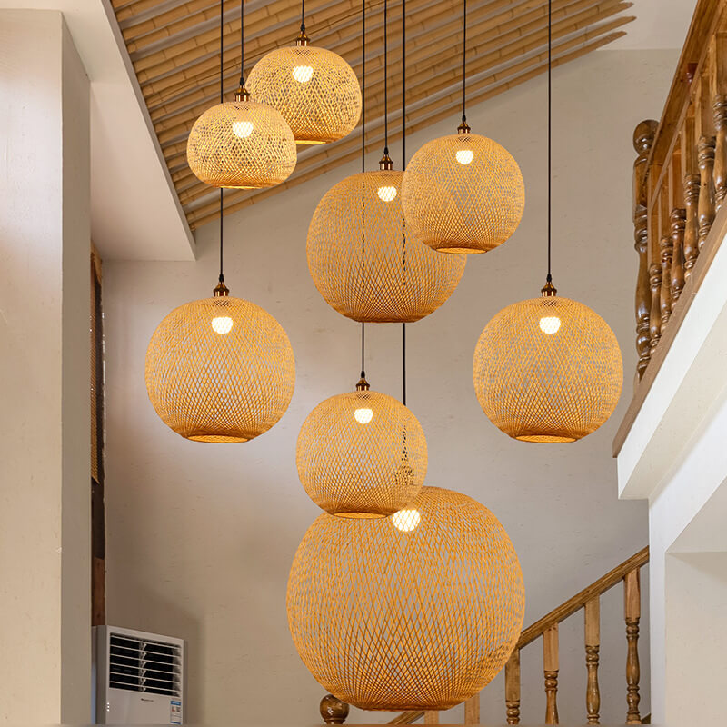 Beige Bamboo Round Ball Pendant Light for Japanese-Style Interiors