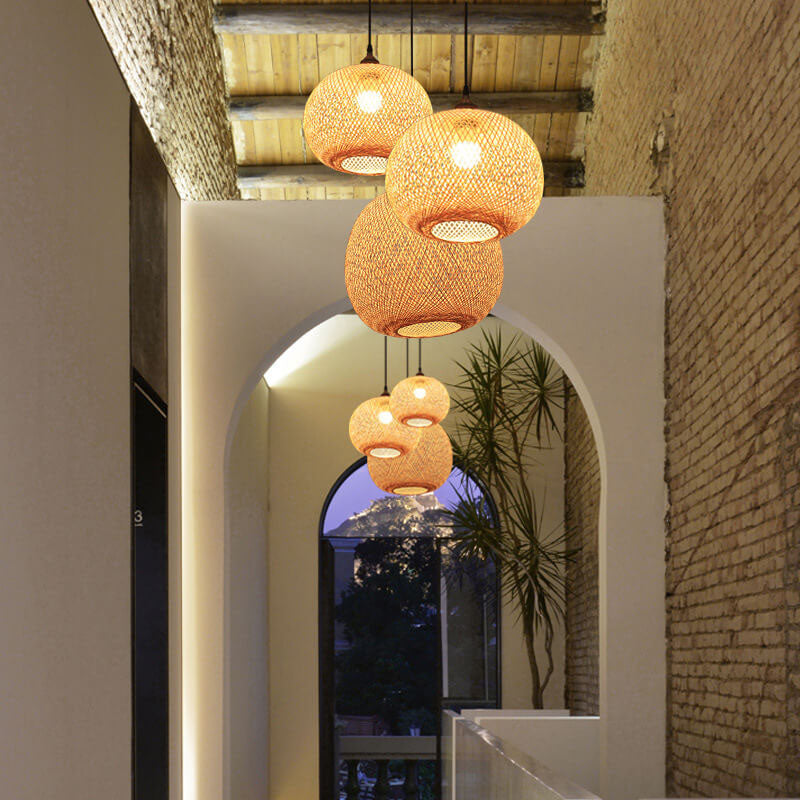 Beige Bamboo Round Ball Pendant Light for Japanese-Style Interiors