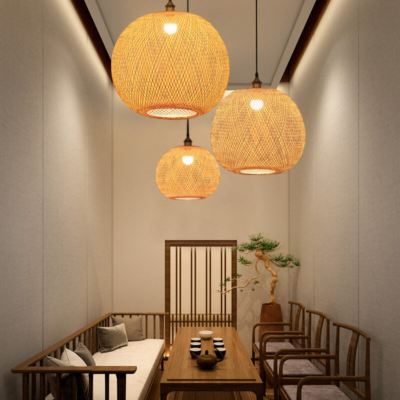 Beige Bamboo Round Ball Pendant Light for Japanese-Style Interiors