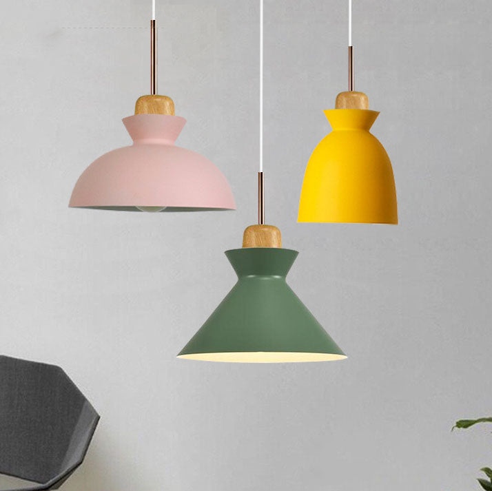 Scandinavian Oak Wood and Iron Cone Dome Pendant Light for Living Room