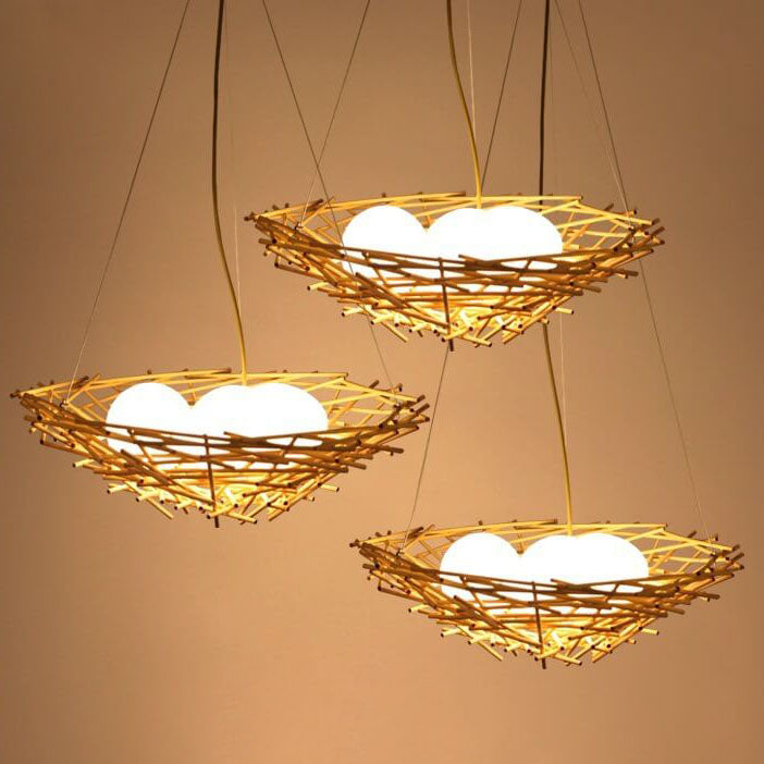 Natural Rattan Weaving Bird Nest 3-Light Chandelier for Boho Home Decor