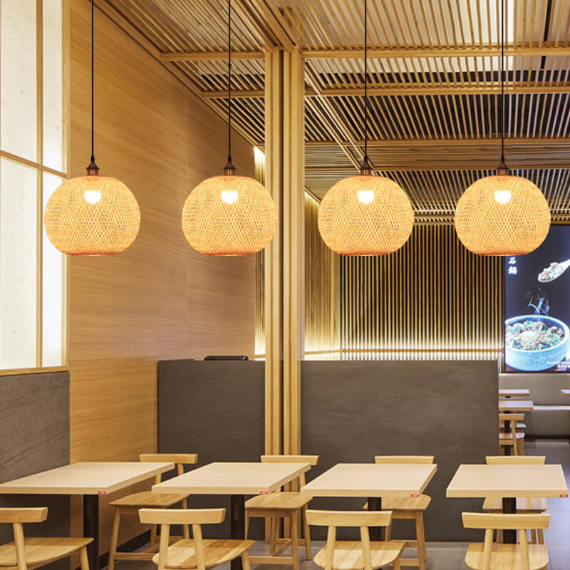 Beige Bamboo Round Ball Pendant Light for Japanese-Style Interiors
