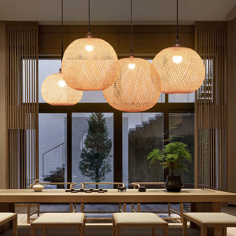 Beige Bamboo Round Ball Pendant Light for Japanese-Style Interiors