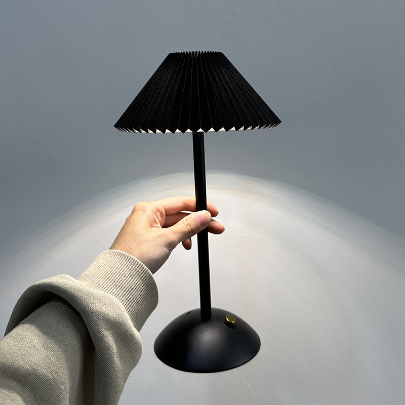 Modern Scandinavian Rechargeable Conic Pleated Fabric Table Lamp for Bedroom