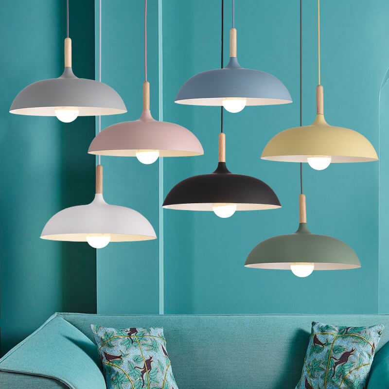 Sleek Black Metal and Wood Dome Pendant Light for Kitchen or Dining Room