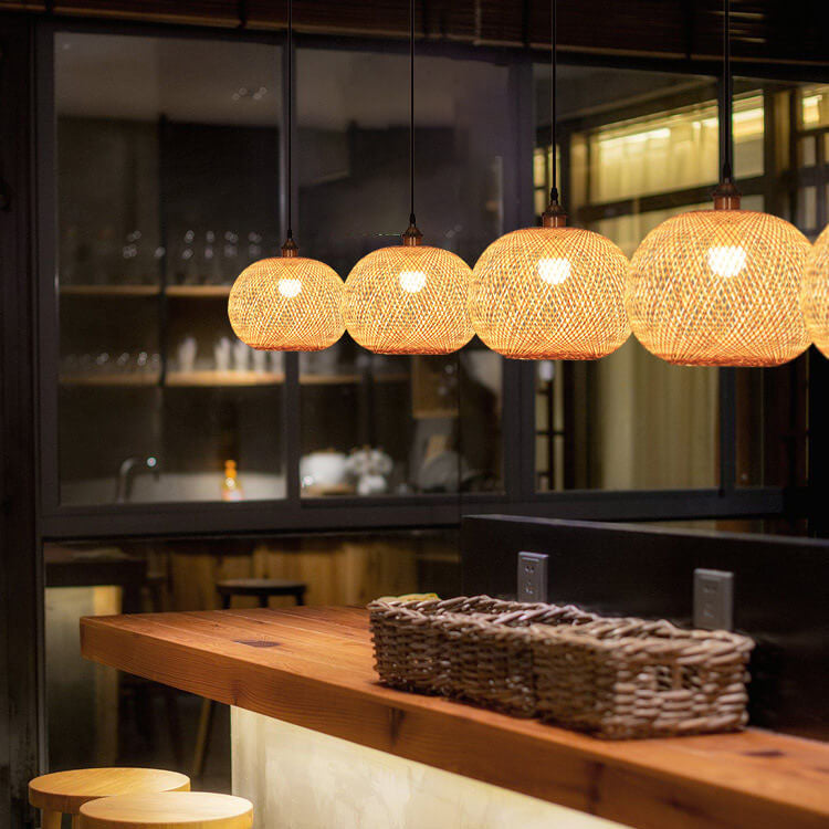 Beige Bamboo Round Ball Pendant Light for Japanese-Style Interiors