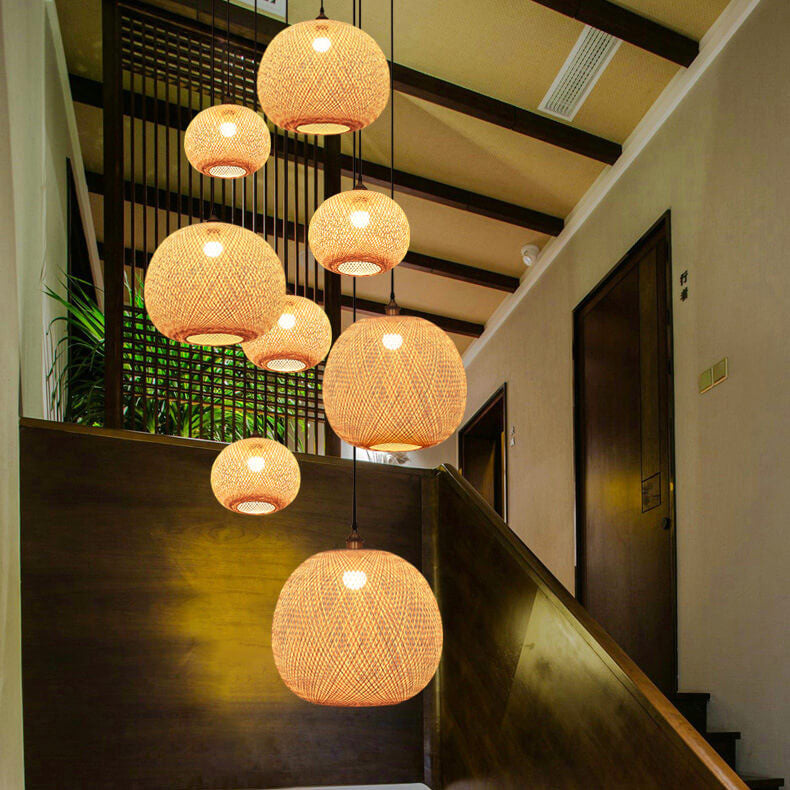 Beige Bamboo Round Ball Pendant Light for Japanese-Style Interiors