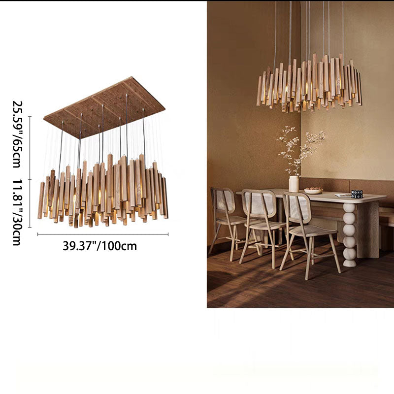 Rustic Wooden 8-Light Rectangular Island Chandelier for Dining Room