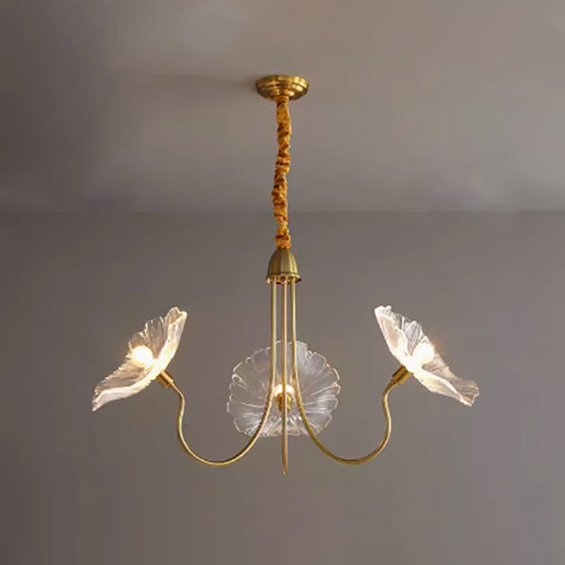 Art Deco Gold-Finish Lotus Leaf Glass Shade Chandelier for Living Room