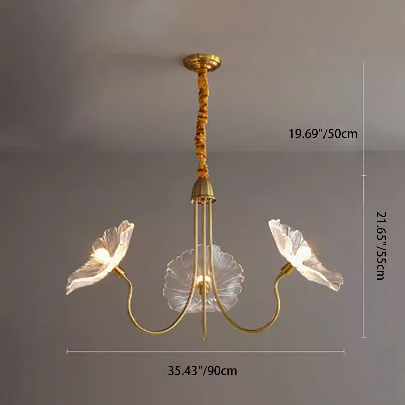 Art Deco Gold-Finish Lotus Leaf Glass Shade Chandelier for Living Room