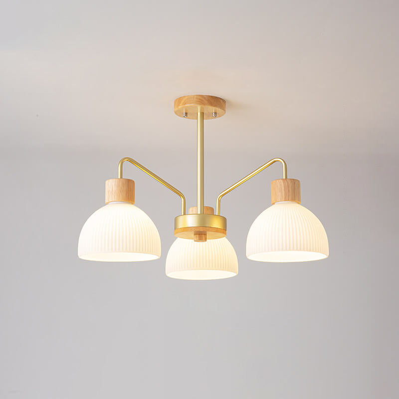 Vintage Nordic Wooden Chandelier with Glass Dome Shade for Living Room