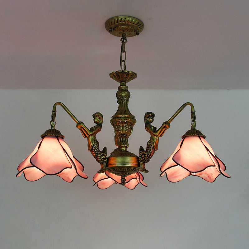 Vintage Tiffany-Style Floral Iron and Glass Chandelier for Living Room