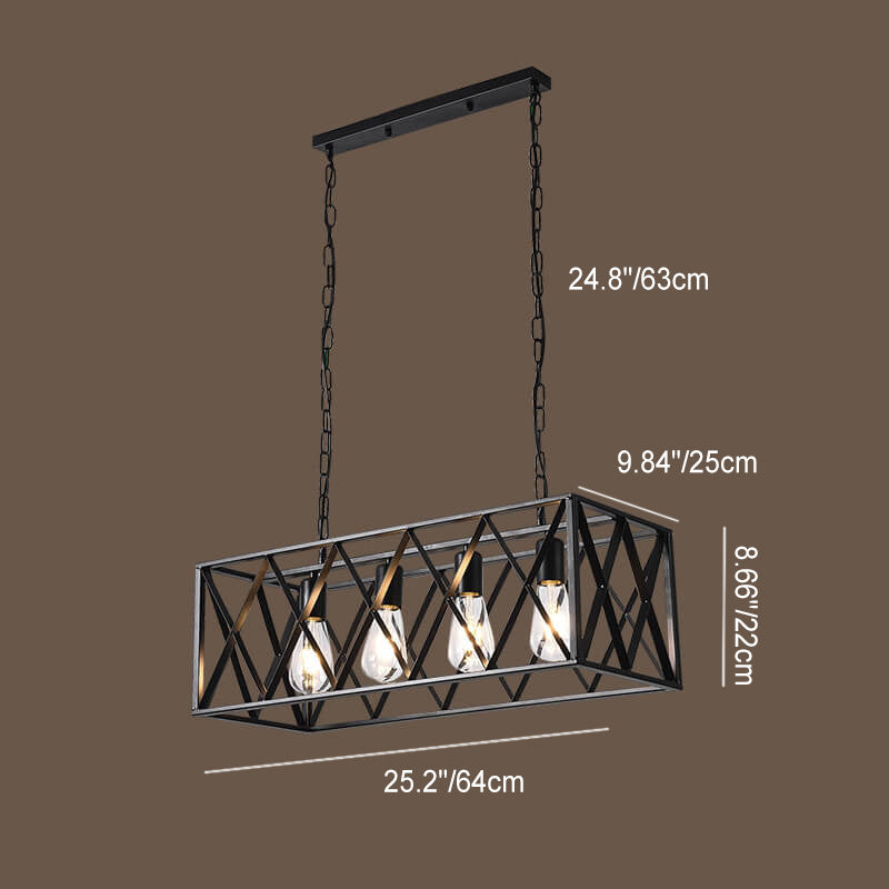 Rustic Black Iron Cage Rectangle Chandelier for Dining Room Island Light
