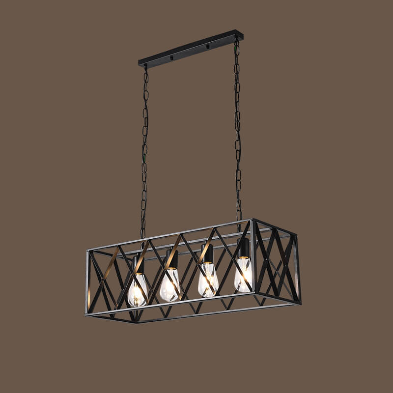 Rustic Black Iron Cage Rectangle Chandelier for Dining Room Island Light