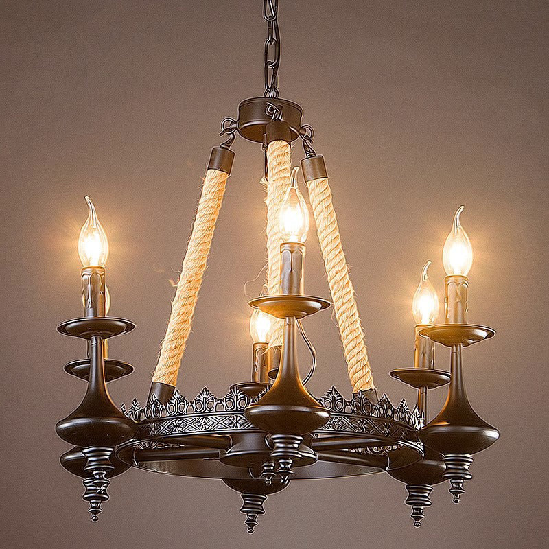 Rustic Iron and Hemp Rope Round Candelabra Chandelier for Living Room