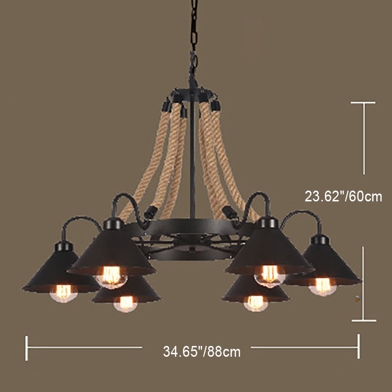 Rustic Industrial Metal Cone Shade Chandelier with Rope 6/8/10 Lights