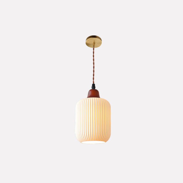 Japanese Ceramic Pleated Dome Pendant Light in Wood & Iron for Home