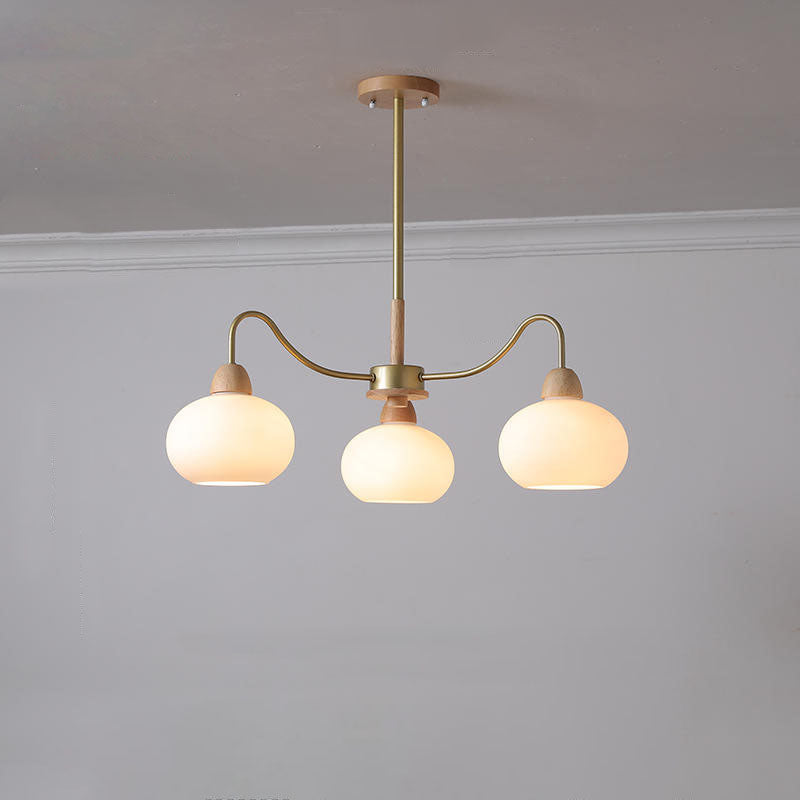 Scandinavian Rubberwood & Glass Round Chandelier for Modern Living Room