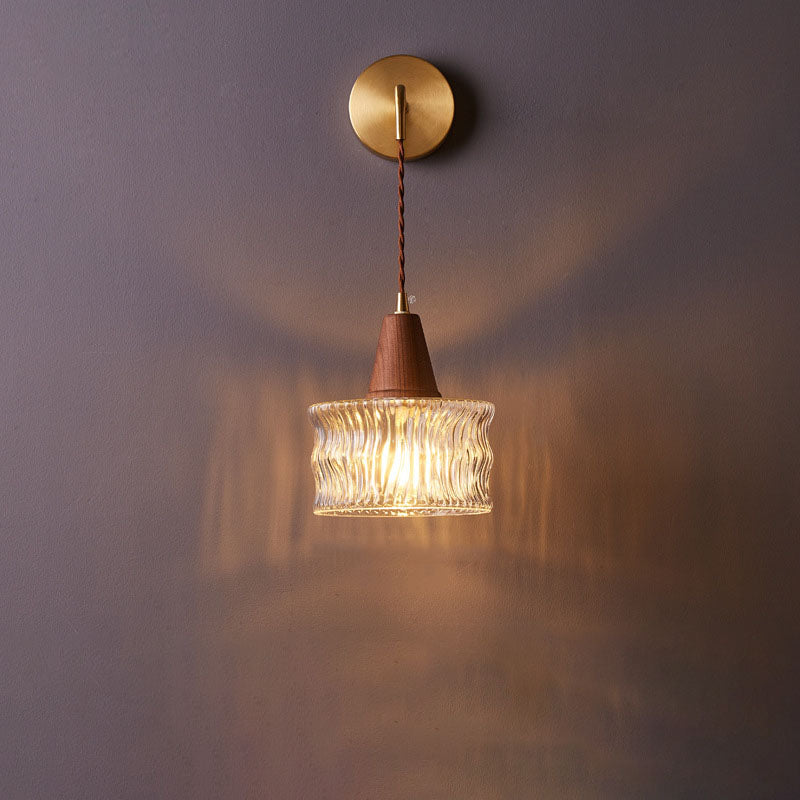 Rustic Japanese Walnut Glass Copper Cylinder Wall Sconce for Entryway