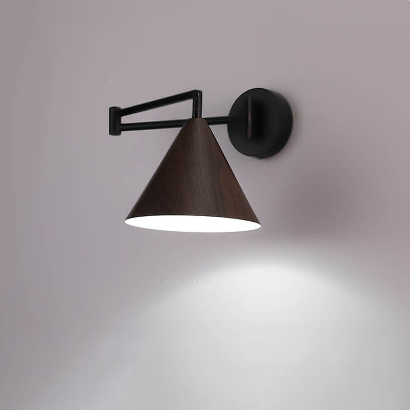 Modern Wood Grain Iron Cone Swing Arm Wall Sconce for Bedroom Decor