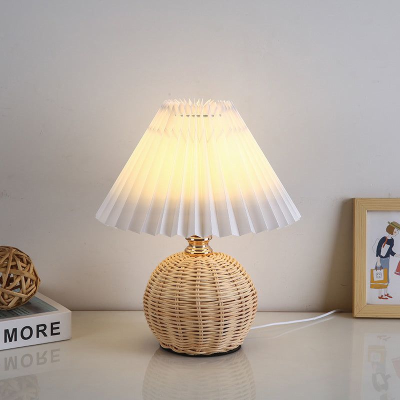 Scandinavian Rattan Pleated Conic LED Table Lamp for Modern Bedrooms