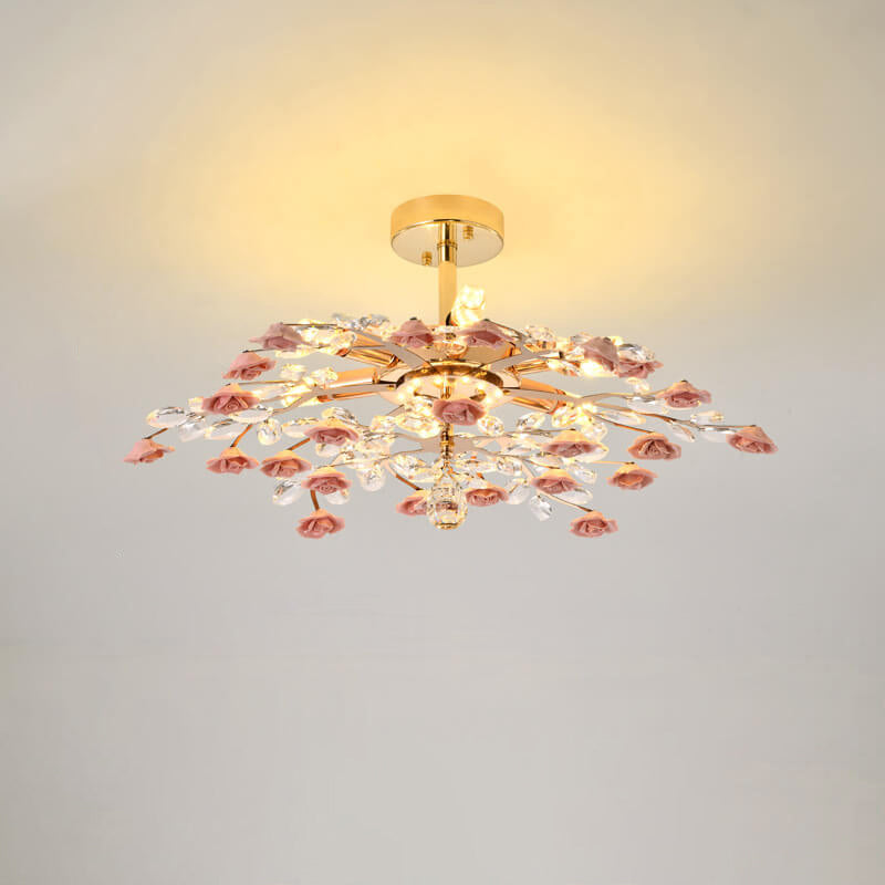 Elegant Rose Gold Iron Ceramic Crystal Chandelier for Dining Room