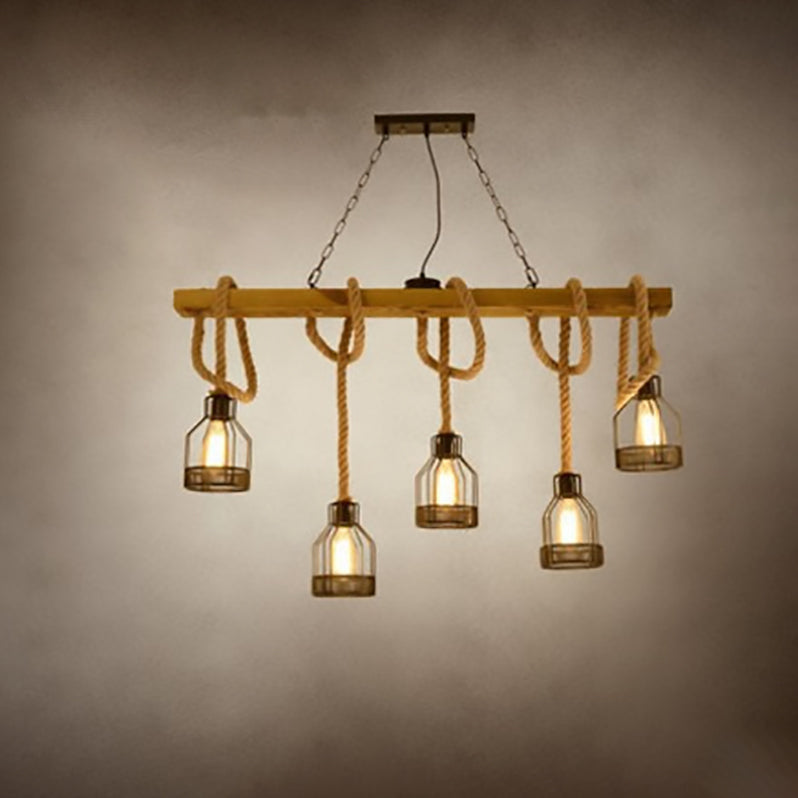 Rustic Wood Beam Iron Cage 5-Light Chandelier for Dining Room Decor