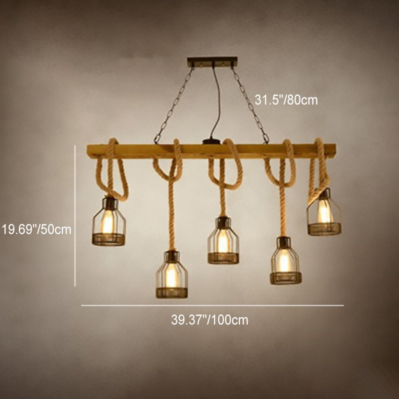 Rustic Wood Beam Iron Cage 5-Light Chandelier for Dining Room Decor