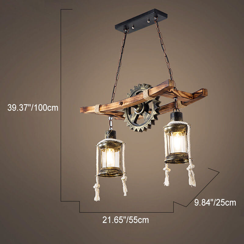 Rustic Industrial 2-Light Wooden and Metal Chandelier for Kitchen Island