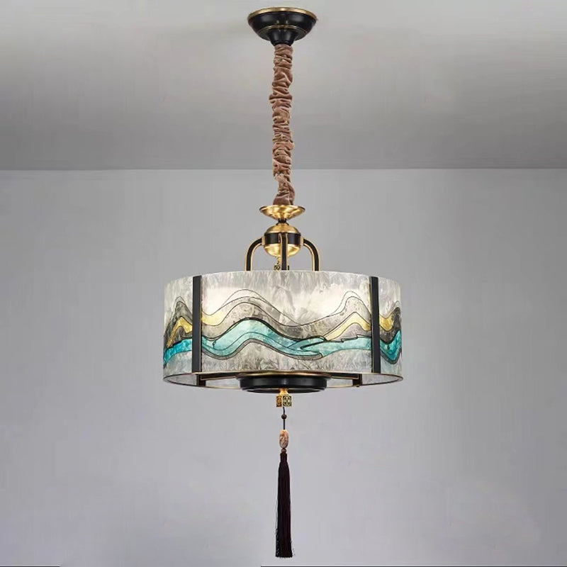 Traditional Brass Frame Enamel Glass Cylinder Chandelier for Living Room