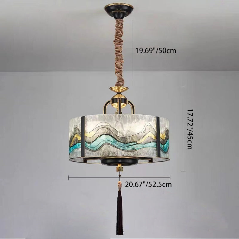 Traditional Brass Frame Enamel Glass Cylinder Chandelier for Living Room