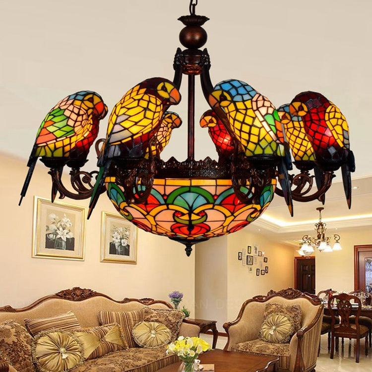 Vintage Tiffany-Style 11-Light Metal Glass Parrot Chandelier for Living Room
