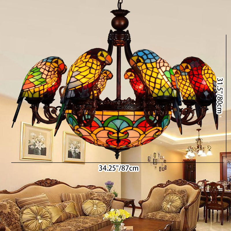 Vintage Tiffany-Style 11-Light Metal Glass Parrot Chandelier for Living Room
