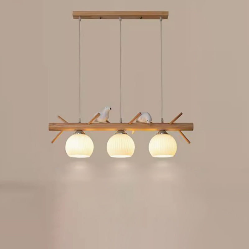 Elegant Traditional Japanese Wood and Glass 3-Light Chandelier for Living Room