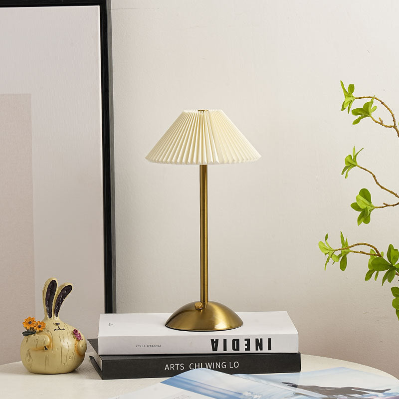 Modern Scandinavian Rechargeable Conic Pleated Fabric Table Lamp for Bedroom