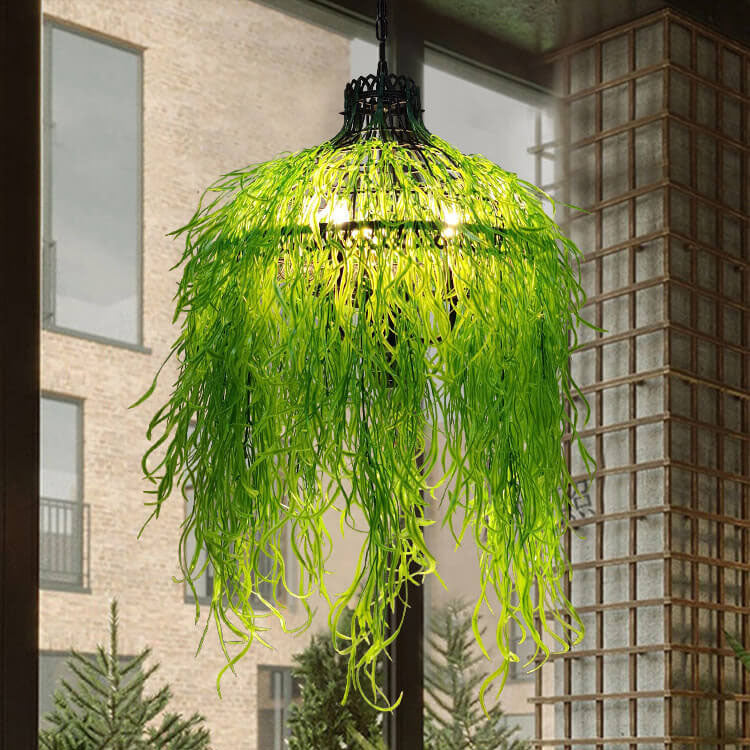 Vintage Green Plant Vine 3-Light Metal Chandelier for Living Room Decor