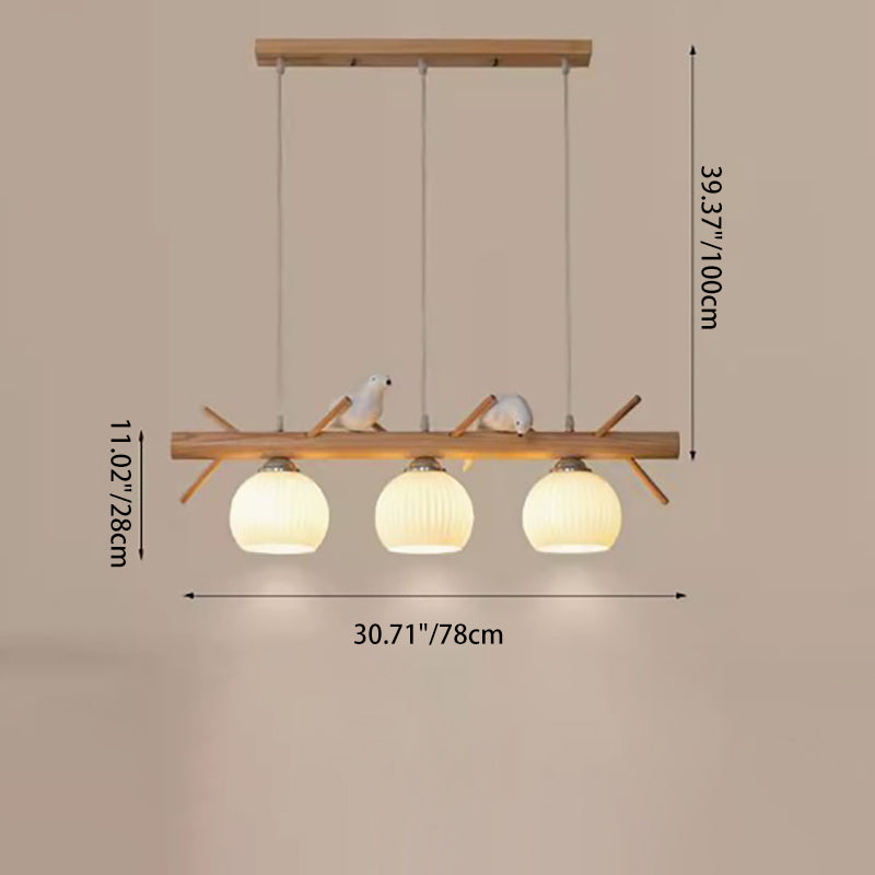 Elegant Traditional Japanese Wood and Glass 3-Light Chandelier for Living Room
