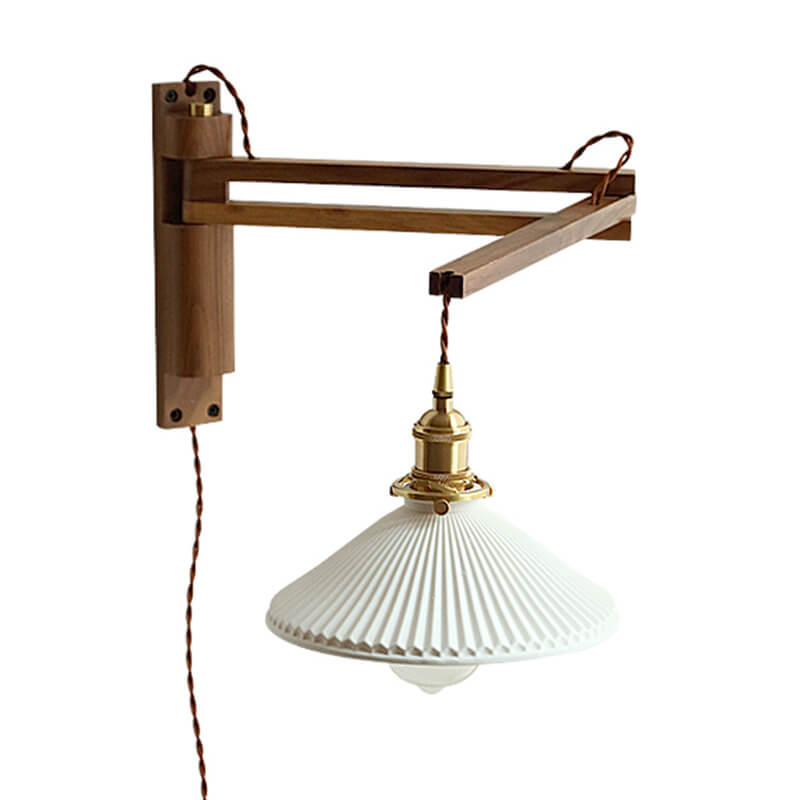Elegant White Striped Glass 1-Light Walnut Wall Sconce for Modern Rooms