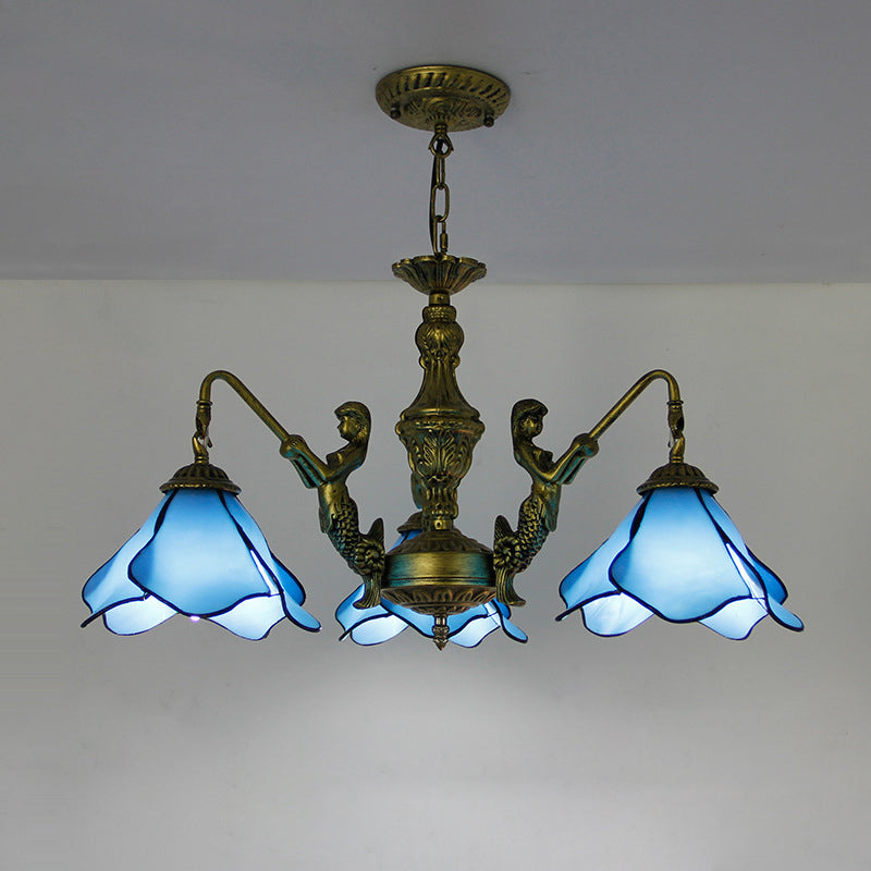 Vintage Tiffany-Style Floral Iron and Glass Chandelier for Living Room