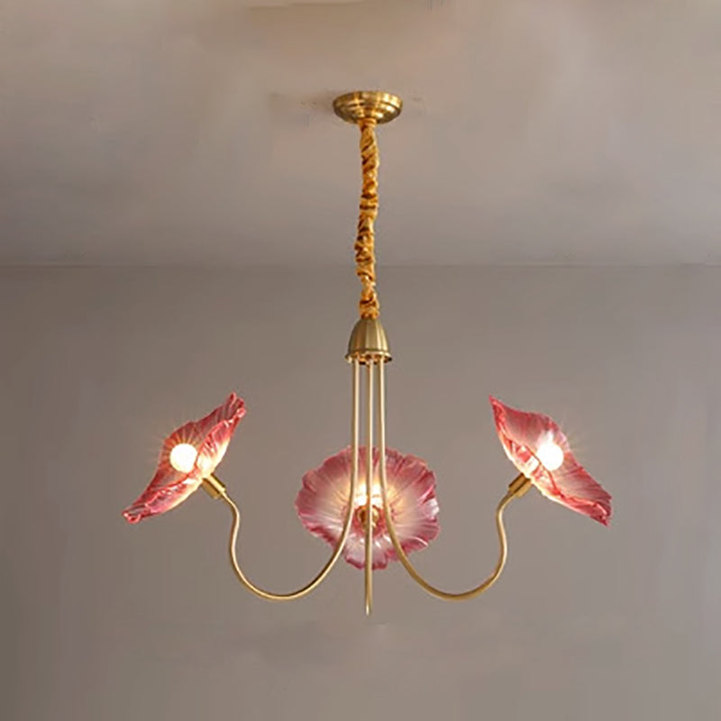 Art Deco Gold-Finish Lotus Leaf Glass Shade Chandelier for Living Room