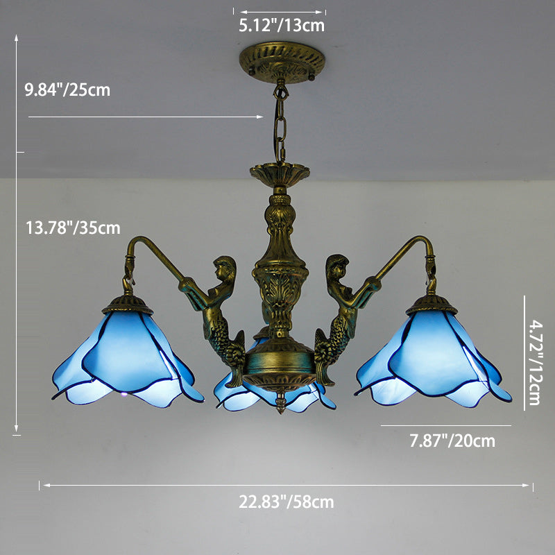 Vintage Tiffany-Style Floral Iron and Glass Chandelier for Living Room