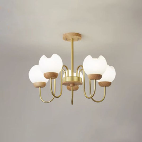 Modern Floral Metal and Rubberwood Chandelier Light for Living Room