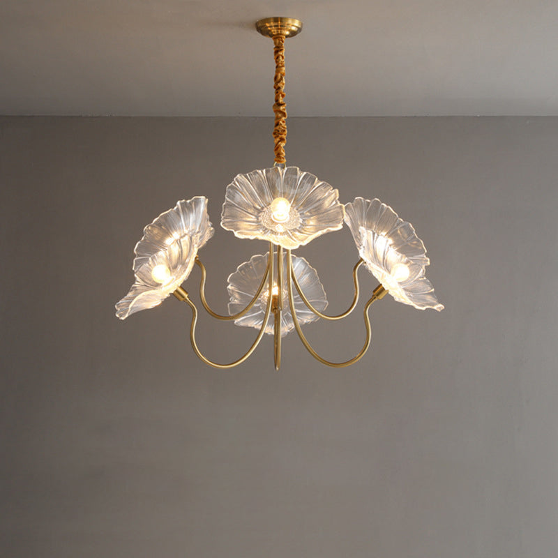 Vintage Gold Finished 6-Light Flower Glass Shade Chandelier for Bedroom