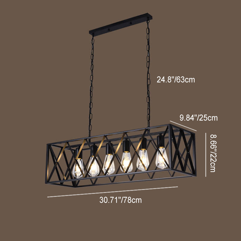 Rustic Black Iron Cage Rectangle Chandelier for Dining Room Island Light