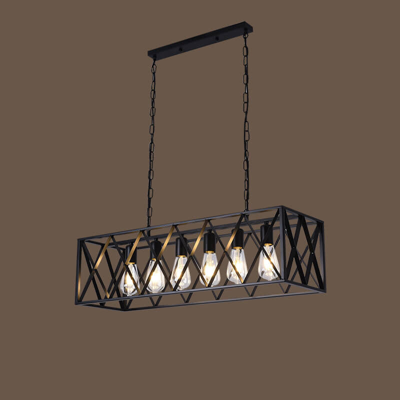 Rustic Black Iron Cage Rectangle Chandelier for Dining Room Island Light