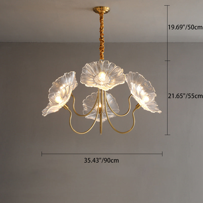 Vintage Gold Finished 6-Light Flower Glass Shade Chandelier for Bedroom