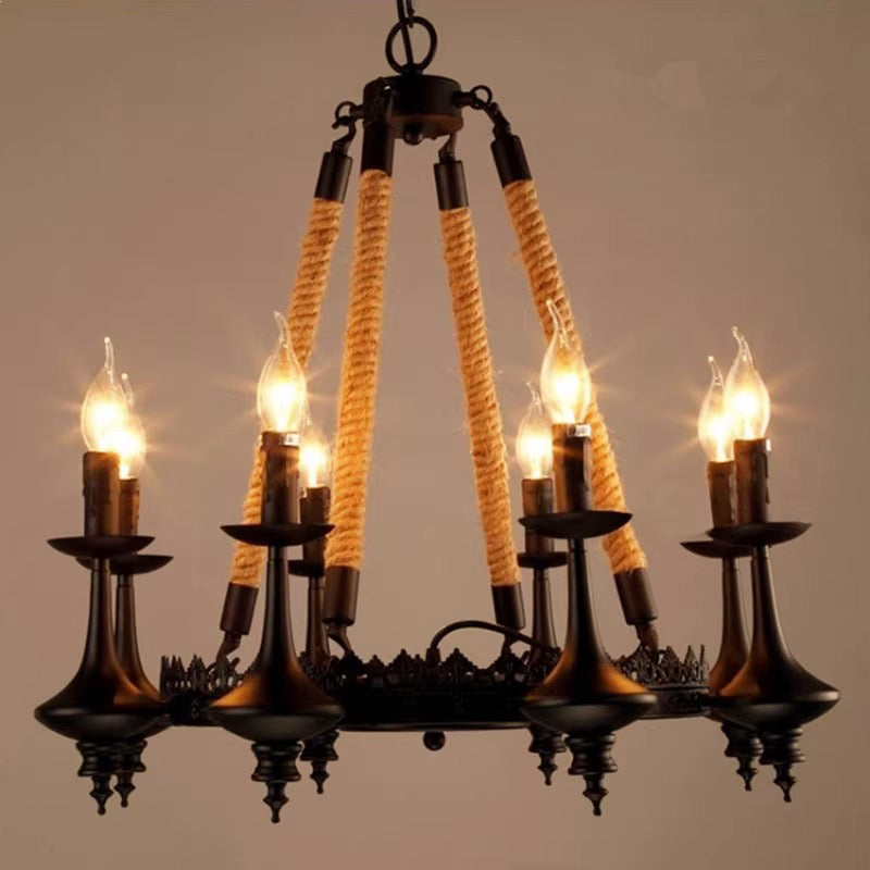 Rustic Iron and Hemp Rope Round Candelabra Chandelier for Living Room