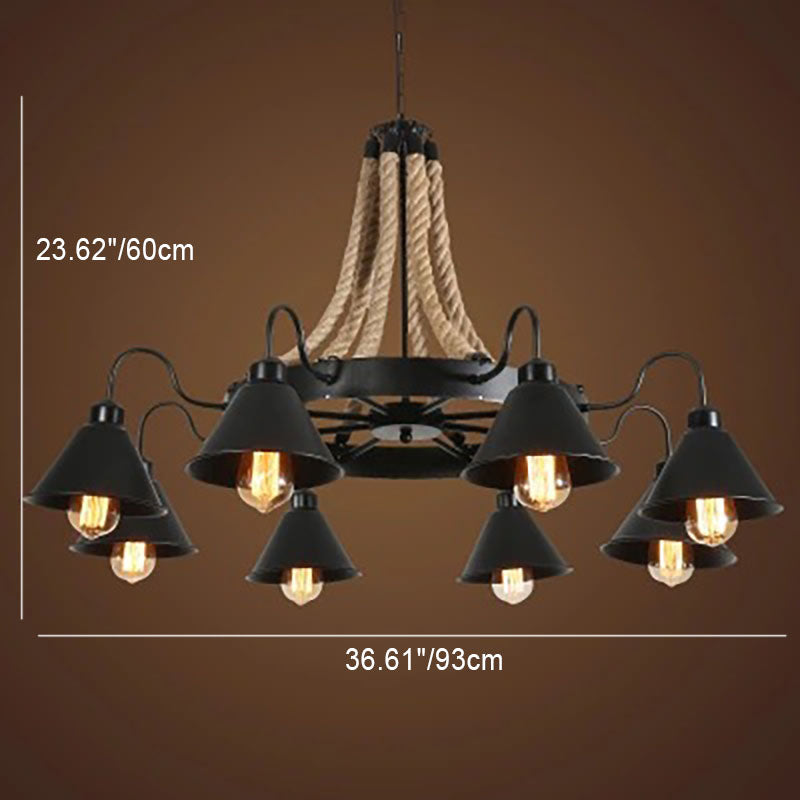 Rustic Industrial Metal Cone Shade Chandelier with Rope 6/8/10 Lights