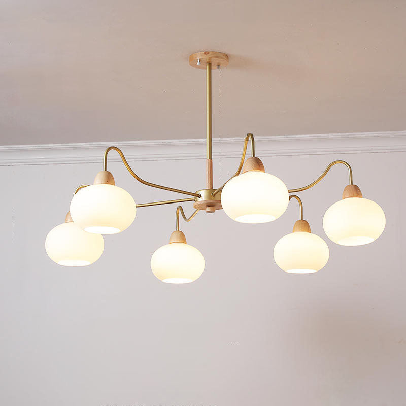 Scandinavian Rubberwood & Glass Round Chandelier for Modern Living Room